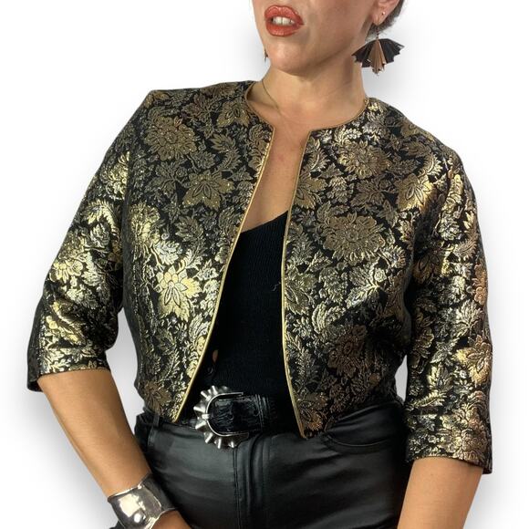 1950's MISS ELLIETTE of CALIFORNIA woven gold and black floral cropped jacket - Picture 5 of 14